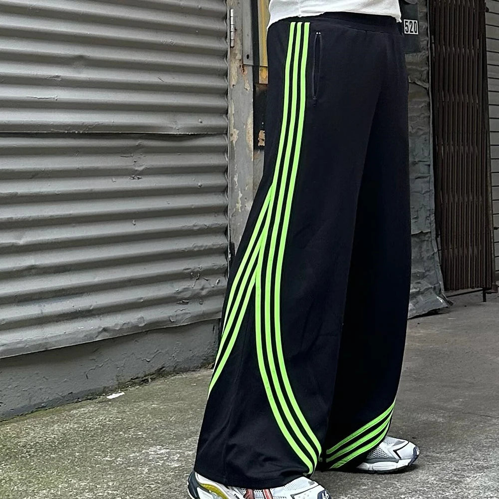 Huilin Factory Oem High Quality Thick Cotton Track Pants Trousers Custom Straight Wide Leg Men Heavyweight Striped Sweatpants