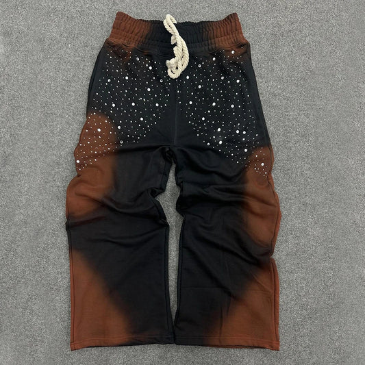 Huilin Oem New Style Heavyweight Cotton Sweat Pants Custom Rhinestone Sunfaded Washed Men Wide Waistband Baggy Sweatpants