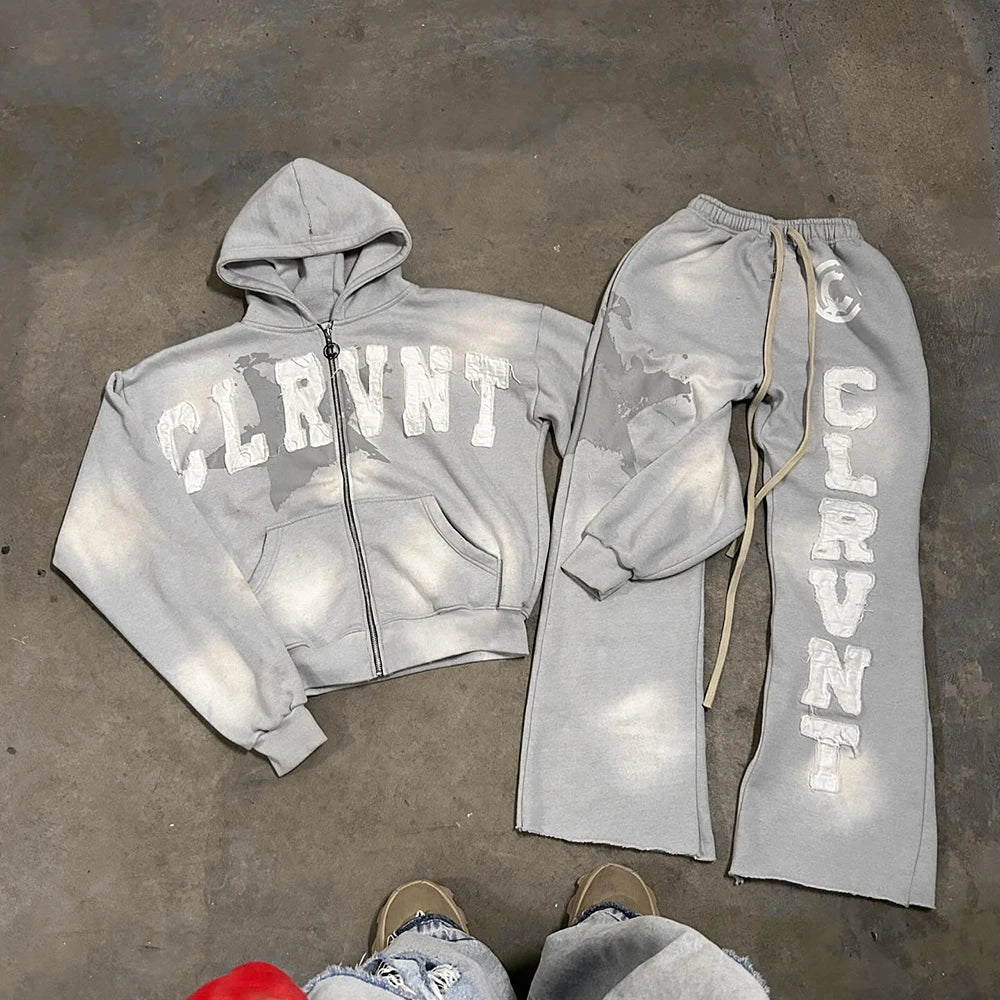 Huilin Oem Applique Embroidery Patched Hoodie Sweatpants Tracksuits Sets Men Custom Vintage Washed Two Piece Set Sweatsuits