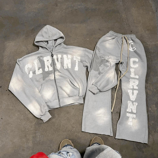 Huilin Oem Applique Embroidery Patched Hoodie Sweatpants Tracksuits Sets Men Custom Vintage Washed Two Piece Set Sweatsuits