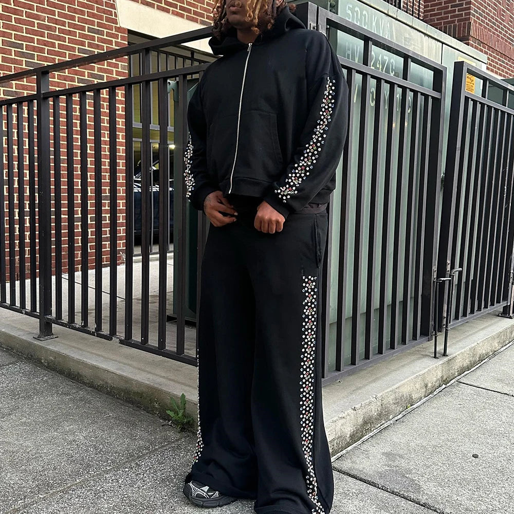 Huilin Factory Wholesale Oversized Wide Leg Sweatpants Hoodies Sets Men Custom Rhinestone Side Two Piece Streetwear Tracksuit