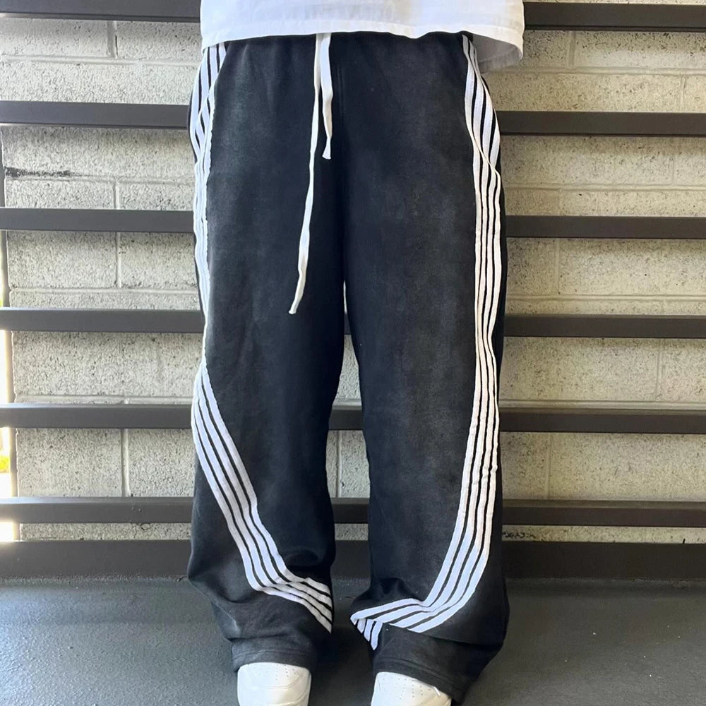 Huilin New Trend Heavyweight Cotton Oversized Track Pants Men Custom Vintage Sun Faded Washed Striped Wide Leg Sweatpants