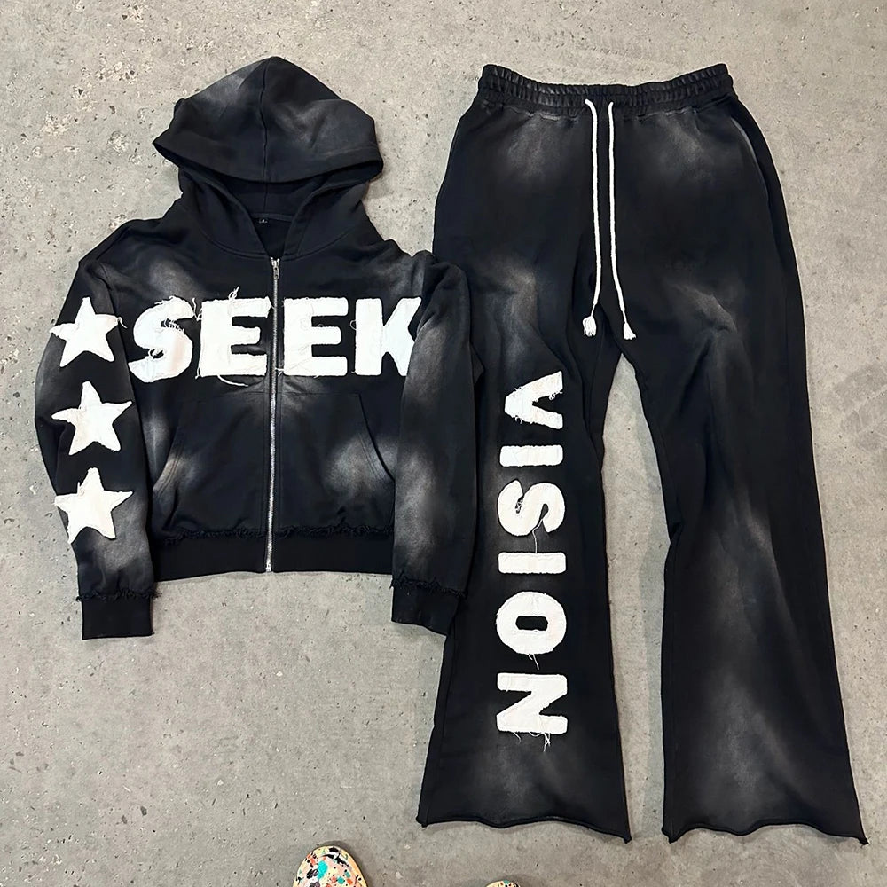 Huilin Custom Streetwear Vintage Washed Unisex Thick Cotton Tracksuits Embroidery Logo Patched Zip Hoodie Flared Sweatpants Sets