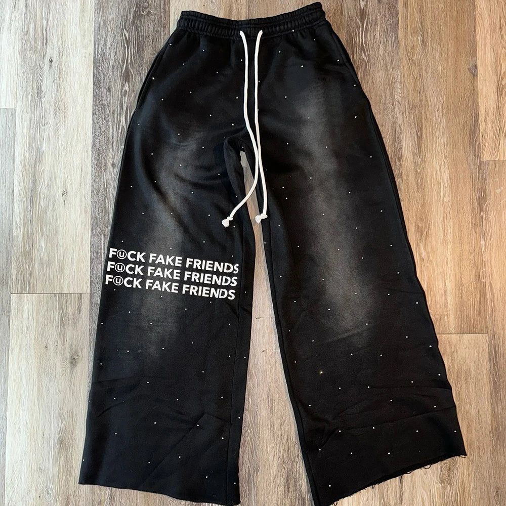 Huilin Oversized Loose Fit Vintage Sunfaded Thick Cotton Sweat Pants Custom Printing Men Rhinestone Wide Leg Baggy Sweatpants