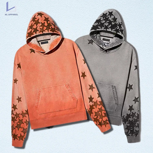 HL manufacturer wholesale men retro applique embroider garment dyed streetwear custom vintage washed star patch embroidery hoody