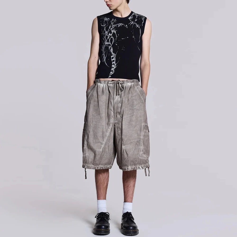 Huilin High Quality Custom Thick Cotton Cargo Shorts Men Vintage Oil Washed Baggy Wide Leg Parachute Shorts Pants