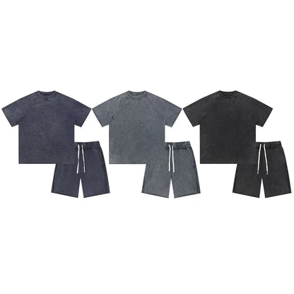 Heavyweight Cotton Supplier Low MOQ Acid Wash Garment Dye Blank Custom Print Casual Raglan Sleeve Sweatsuit Set