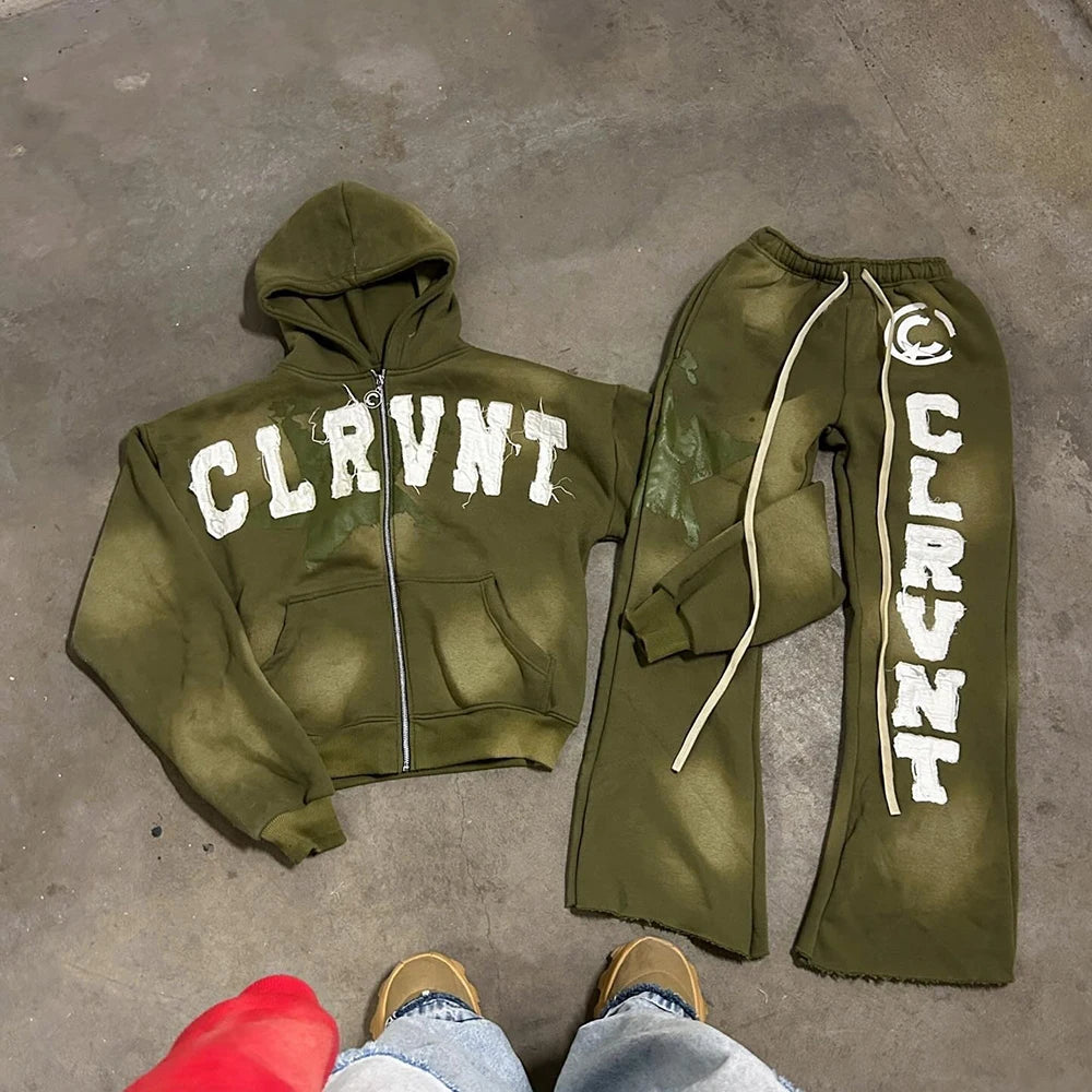 Huilin Oem Applique Embroidery Patched Hoodie Sweatpants Tracksuits Sets Men Custom Vintage Washed Two Piece Set Sweatsuits