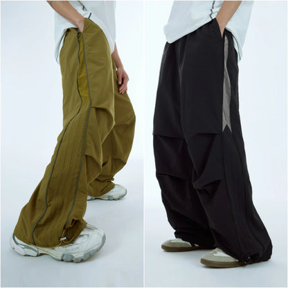 Side Zip Design Oversized Fit Unisex Nylon Track Pants Elastic Waist Men Baggy Wide Leg Parachute Pants