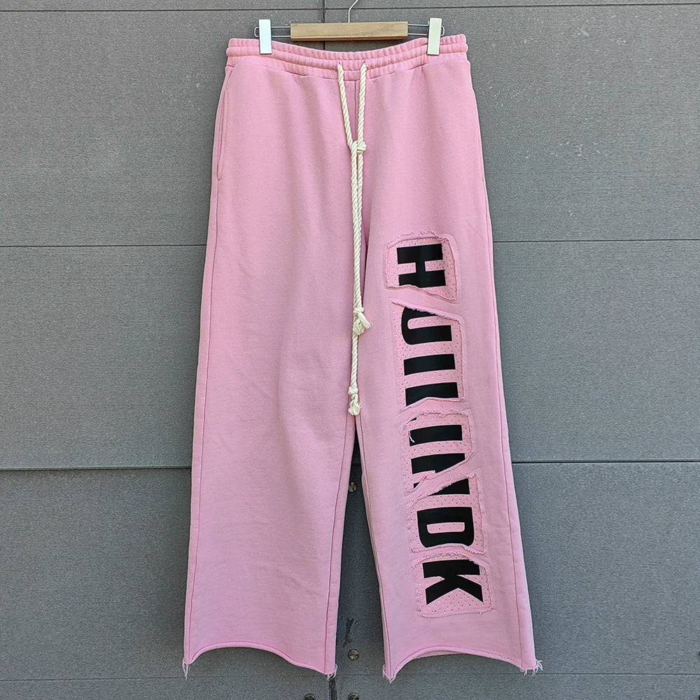 Huilin Custom Thick Cotton Oversized Sweatpants Distressed Washed Men Screen Printing Logo Wide Leg Baggy Rhinestone Sweatpants