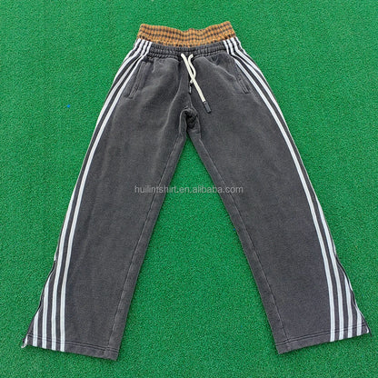 Oem Acid Vintage Washed 100% Cotton Sweatpants Striped Side Men Custom Zipper Bottom Wide Leg Double Waisted Sweatpants