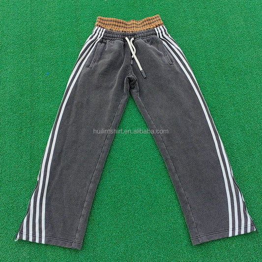 Huilin Oem Acid Vintage Washed 100% Cotton Sweatpants Striped Side Men Custom Zipper Bottom Wide Leg Double Waisted Sweatpants