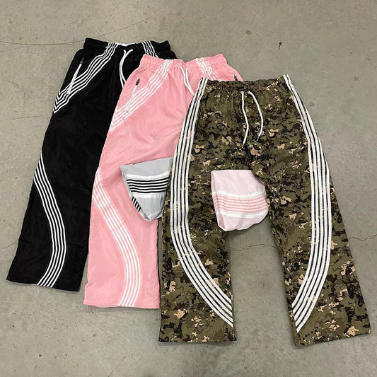 Huilin OEM Streetwear Unisex Sportswear Pants Trousers Custom Striped Trimmed Reversible Straight Wide Leg Men Track Pants