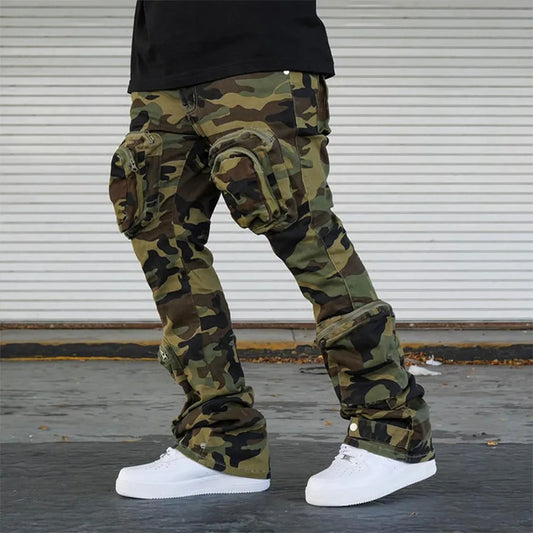 Clothing Manufacturer Jeans Men High Quality Multi- Functional Cargo Jeans Camo  Pants Baggy Flare Stack Pockets Jeans