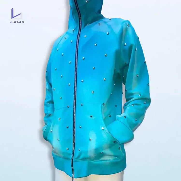 HL manufacturer wholesale winter spike rivet thick hoodie jacket OEM custom rhinestone full face zip up hoodie with eye holes