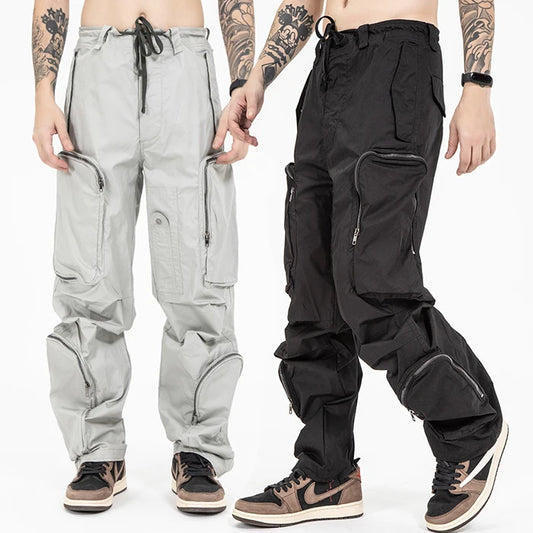 HUILIN Hot Selling New Style Drawstring Waist Multi Pockets Y2K Pants Cargo Pants Men Big Zip Pocket Baggy Pants