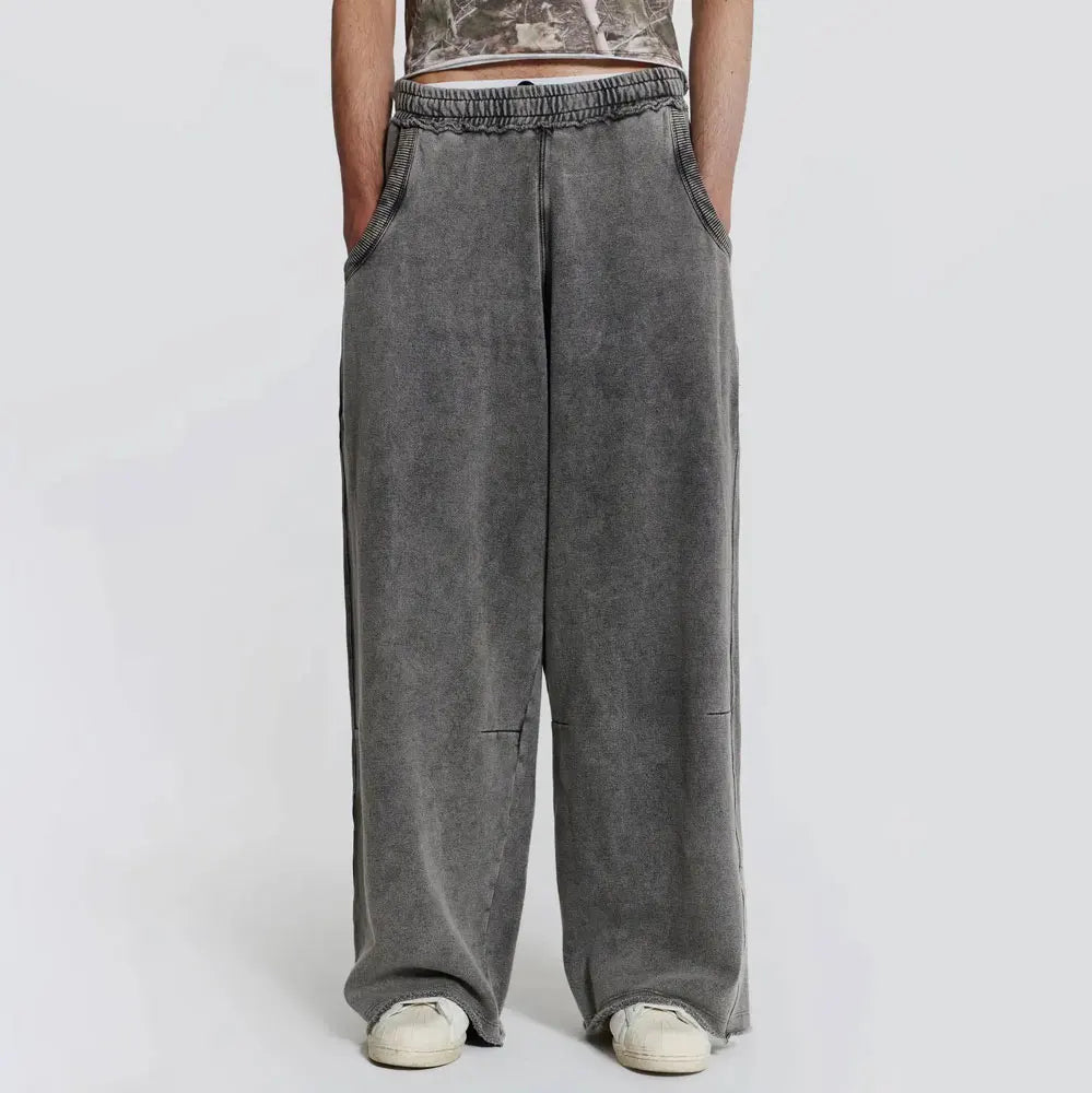 Huilin One Stop Custom Washed Oversized Loose Fit Sweatpants Men Wide Leg Heavyweight Cotton Raw Hem Sweatpants