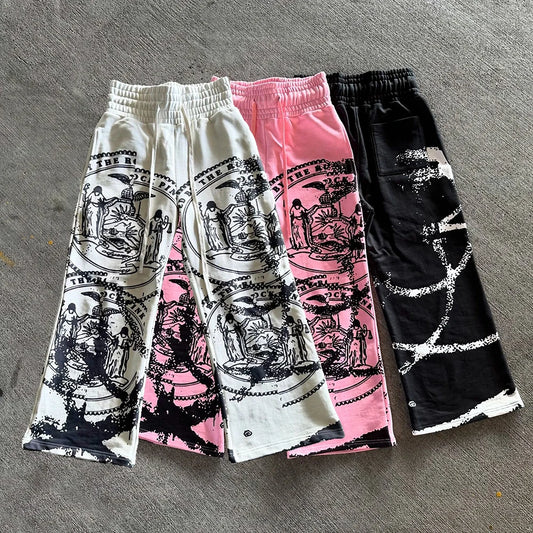 Huilin High Quality Streetwear Graphic Track Sweat Pants Custom Screen Printing Men Wide Leg Heavyweight Cotton Baggy Sweatpants