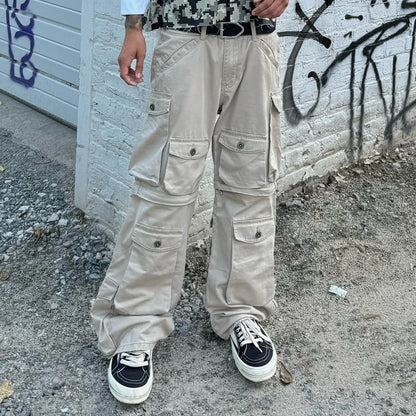 100% Cotton Woven Pants Trousers Custom Multi Pockets Men Oversized Wide Leg Cargo Pants