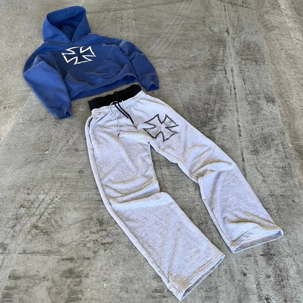 Huilin Oem Wholesale Basic Pullover Hoodie Wide Leg Sweatpants Sets Men Custom Logo Printing Two Piece Sets Tracksuit Sweatsuits