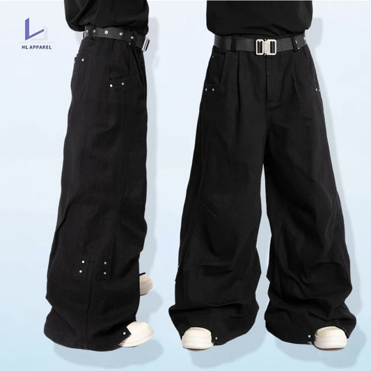 HL manufacturer wholesale black loose fit parachute cargo stacked pants custom wide leg polyester mens flare cargo pants