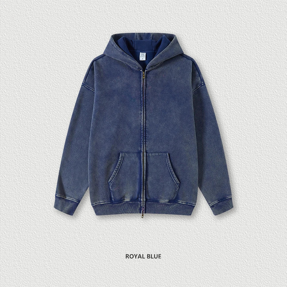 Huili Low Moq High Street Unisex Oversized Heavyweight Cotton Hoodie Jacket Men Custom Vintage Washd Two Way Zip Up Hoodie