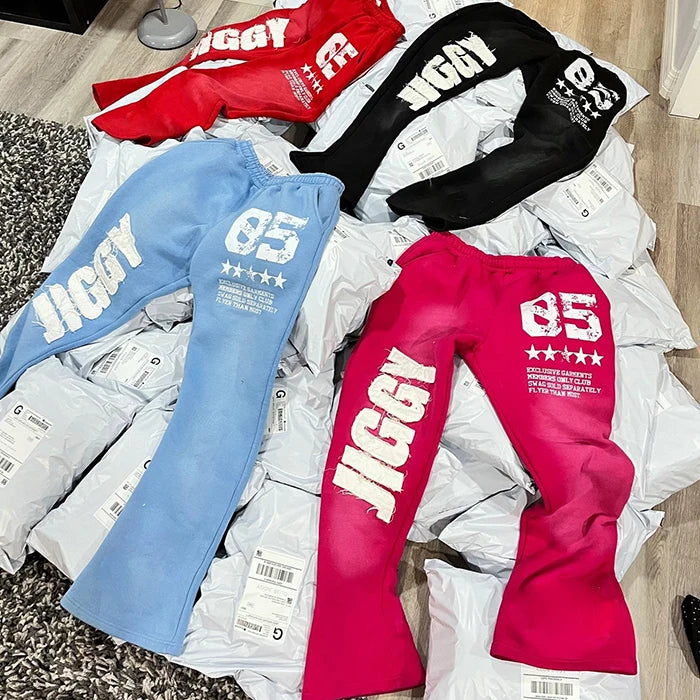 Huilin Oem Custom Logo Printing Flared Sweatpants Men Distressed Embroidery Logo Patched Sun Faded Vintage Washed Sweatpants