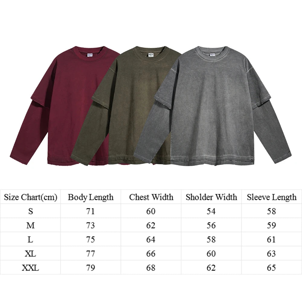 Huili Winter 305 Gsm Thick Cotton Heavyweight Blank Tshirts Custom Distressed Vintage Washed Men Double Layer Long Sleeve Tshirt