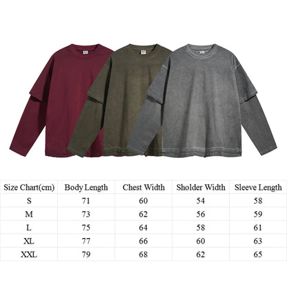 305 Gsm Thick Cotton Heavyweight Blank Tshirts Custom Distressed Vintage Washed Men Double Layer Long Sleeve Tshirt