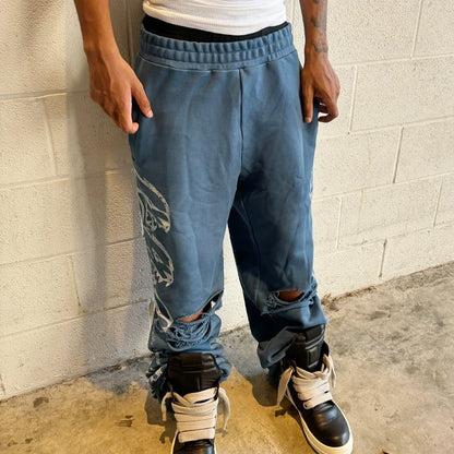 Oem Distressed Vintage Washed Ripped Bottom Track Pants Men Custom Logo Screen Printing Thick Cotton Wide Leg Sewatpants