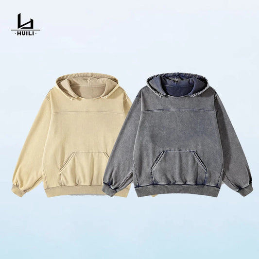 Huili Wholesale New Designer Vintage Acid Wash Hoodie Heavy Weight Oversize Hood Cotton Polyester Washed Hoodies