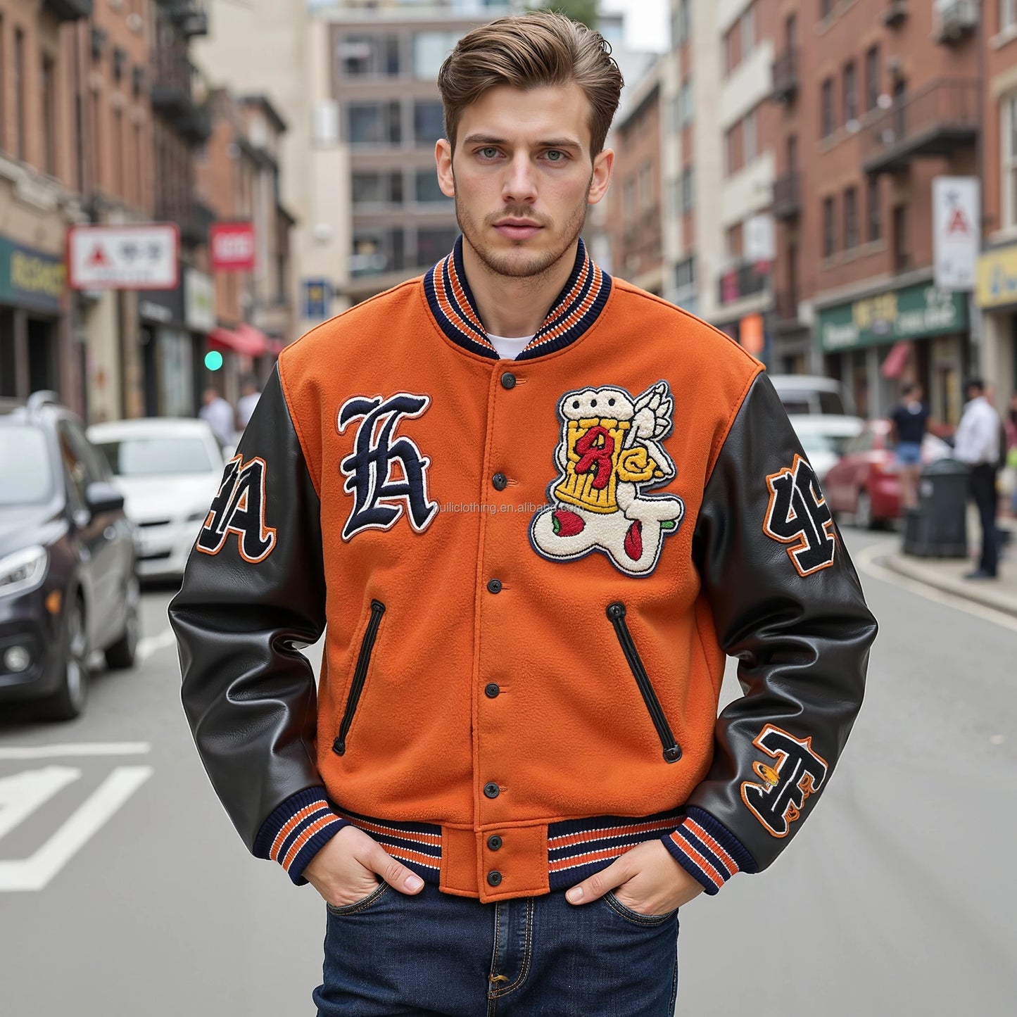 Warm Winter Baseball Bomber Leather Sleeves Chenille Embroidered Logo Custom Men's Viscose Shell Letterman Varsity Jackets