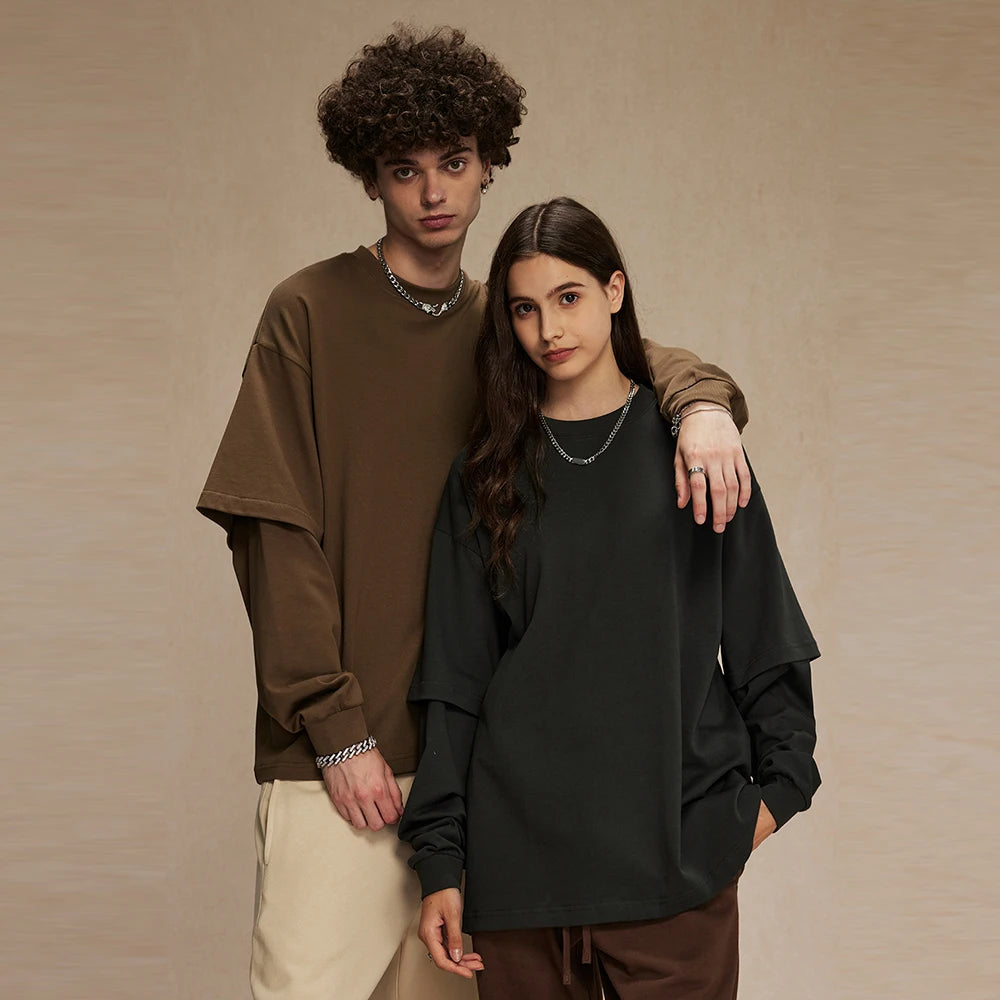 Huili Oem Unisex Loose Fit Oversized Solic Color Basic Tshirts 305Gsm Heavyweight Cotton Men Double Layer Long Sleeve T Shirt