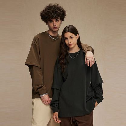 Oem Unisex Loose Fit Oversized Solic Color Basic Tshirts 305Gsm Heavyweight Cotton Men Double Layer Long Sleeve T Shirt