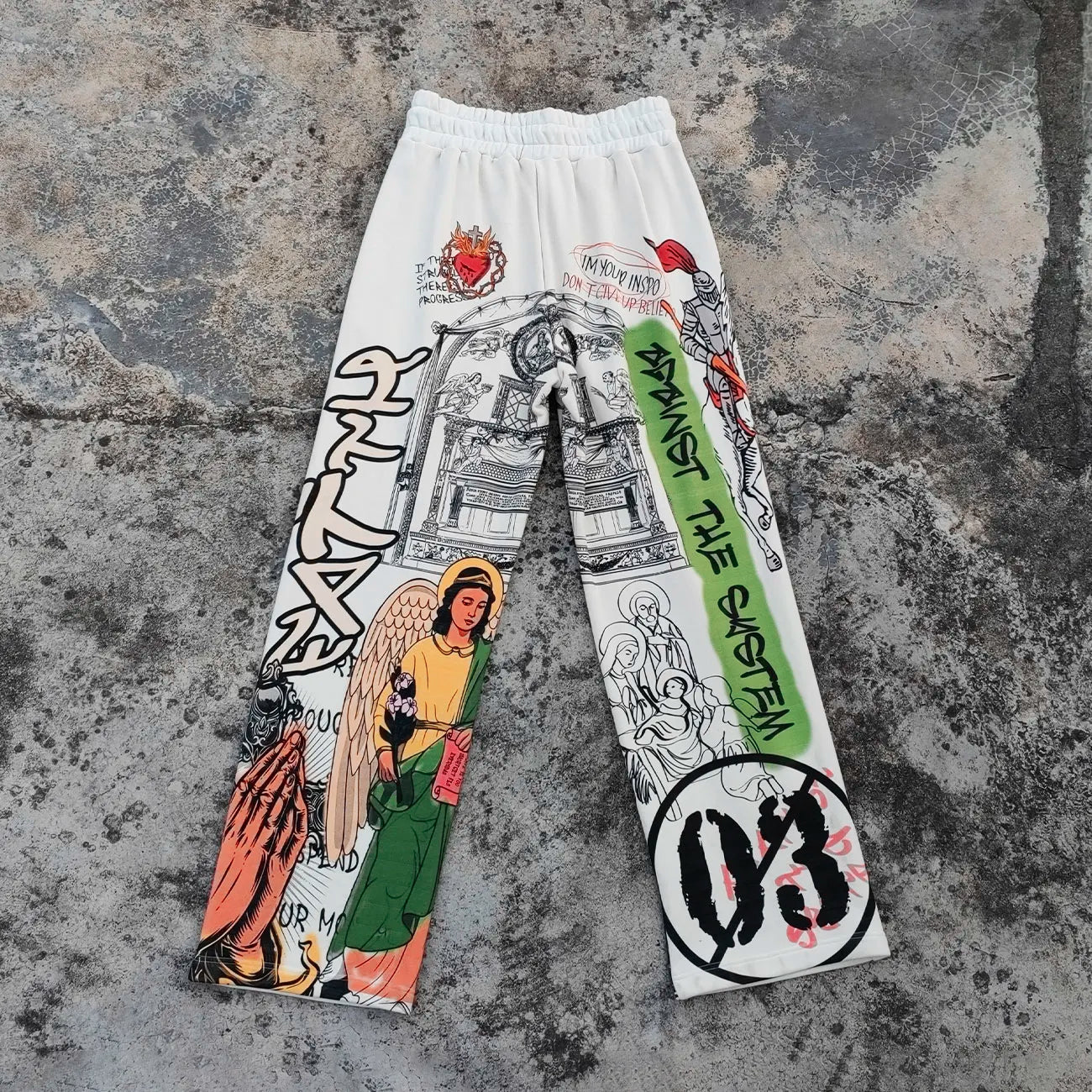 Heavy Cotton Vintage Sweatpants Loose Fit Wide Leg Men Allover Printed Baggy Graphic Sweatpants