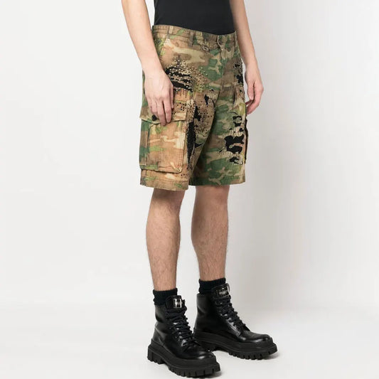 Huilin Factory Oem 100% Cotton Cargo Shorts Men Custom Camo Printed Rhinestone Oversized Vintage Wide Leg Cargo Shorts