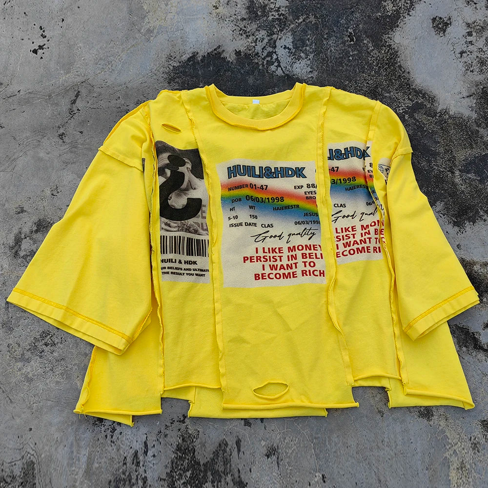 Printing Reversed Stitching Spliced Panel Unisex Streetwear Boxy Tshirts Custom Thick Cotton Men Raw Hem Cropped T Shirts