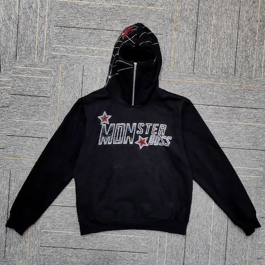 HuiLin hot selling unisex streetwear y2k hoodie men custom logo rhinestone half face cover spider ninja hoodie