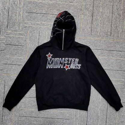 hot selling unisex streetwear y2k hoodie men custom logo rhinestone half face cover spider ninja hoodie