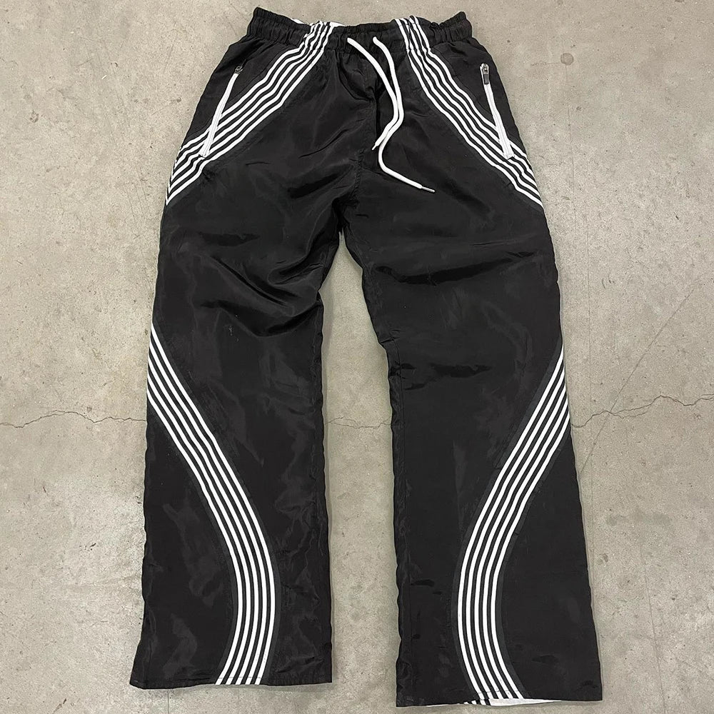 Huilin OEM Streetwear Unisex Sportswear Pants Trousers Custom Striped Trimmed Reversible Straight Wide Leg Men Track Pants