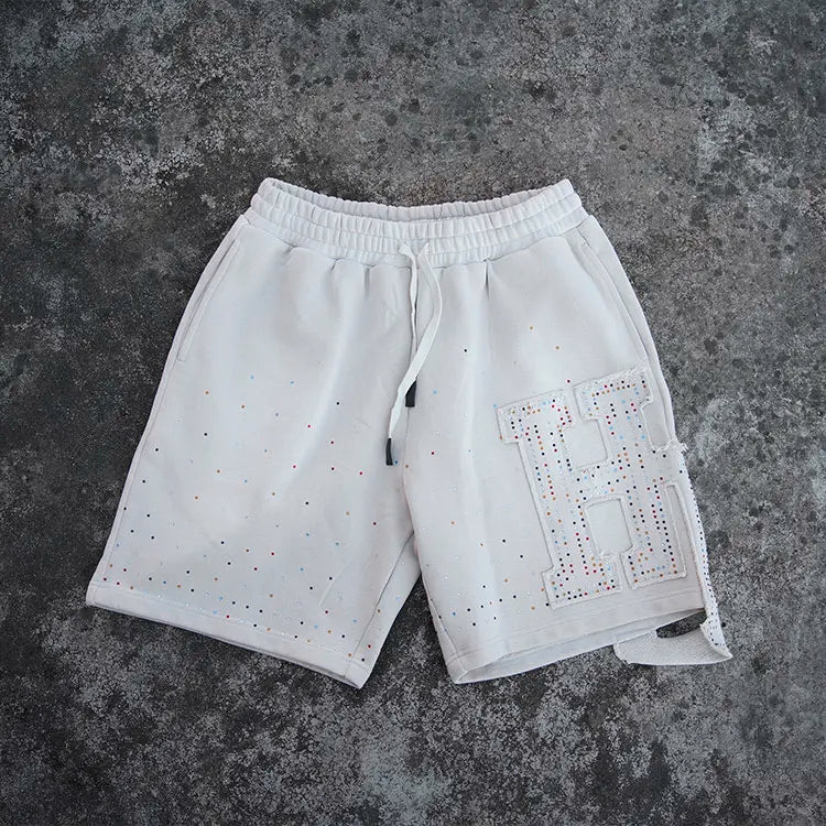 Huilin Custom Distressed Applique Patch Embroidery Thick Cotton French Terry Shorts Men Sunfaded Washed Rhinestone Sweat Shorts