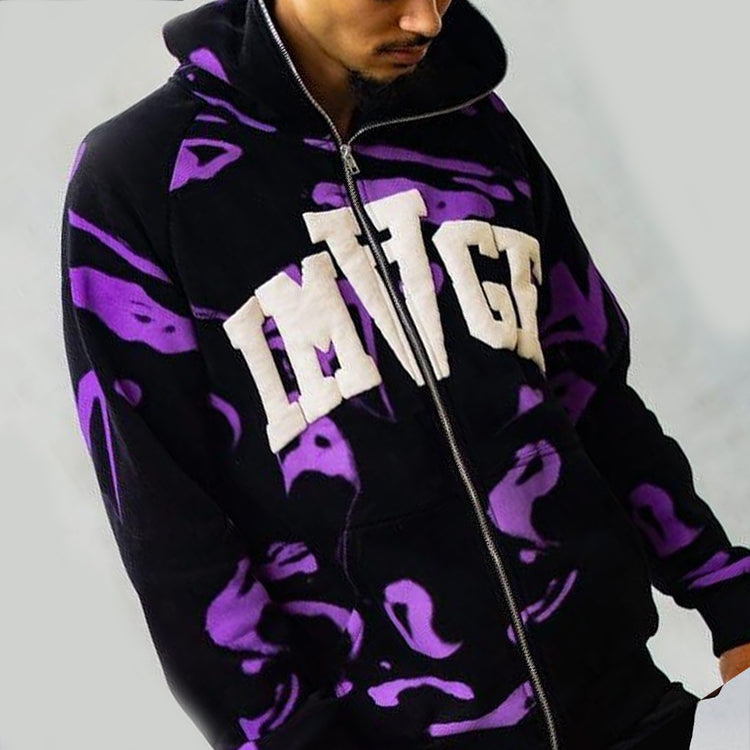 HUILI FACTORY streetwear all over printing puff print custom full face zip up hoodie men