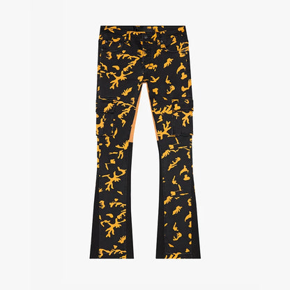 Black multi-pocket stacked jeans have eye-catching yellow print all-over printed skinny Cargo Pants Jeans