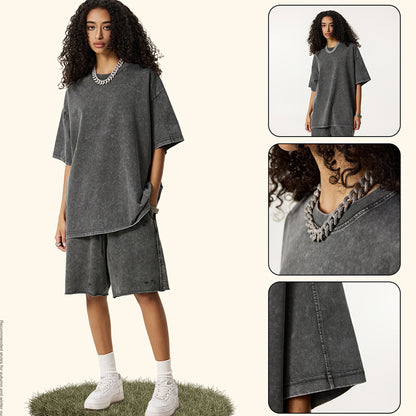 Vintage nostalgic double veil fabric short-sleeved T-shirt men's oversized large-size spliced sleeve top