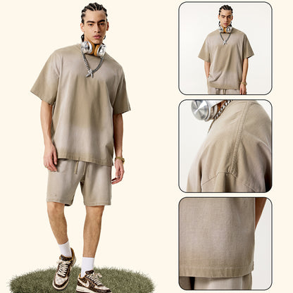 Hot sale sprayed monkey wash short-sleeved shirt for men pure cotton and old men's T-shirt
