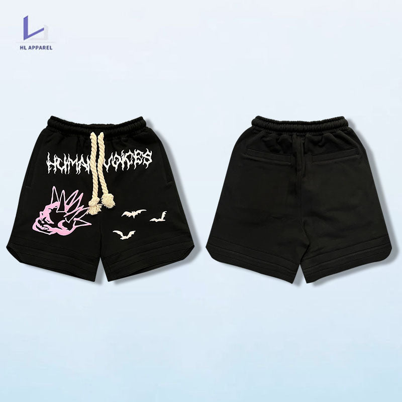 Monster factory wholesale french terry drawstring custom men puff print shorts
